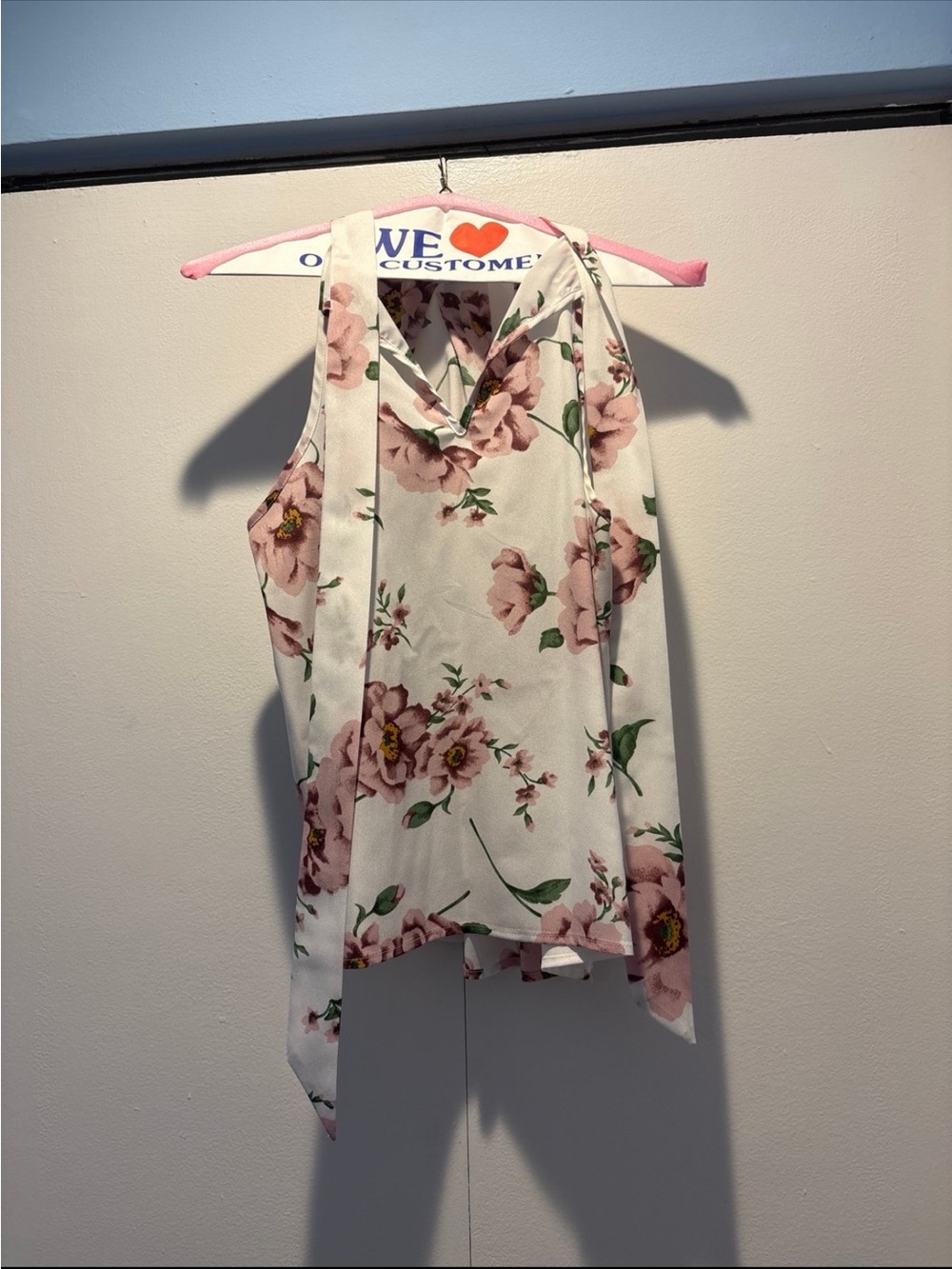 Floral Tie-Neck Sleeveless Top - Ivory with Pink Roses